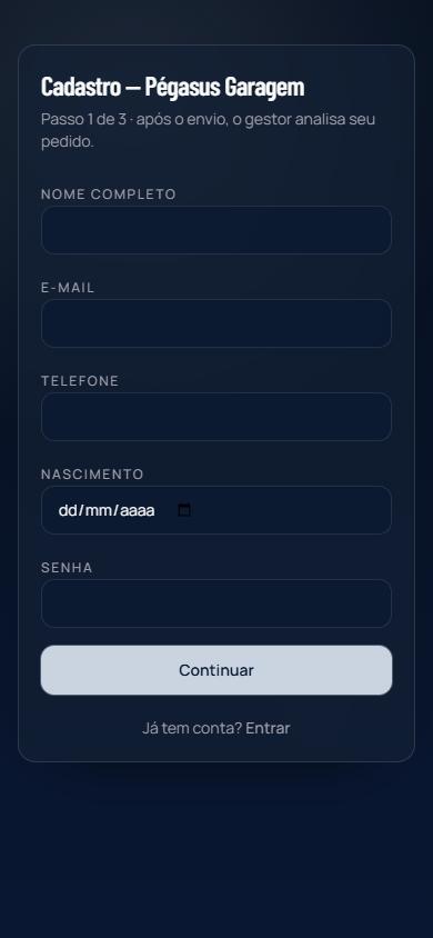 Formulário de cadastro, passo 1, dados e senha