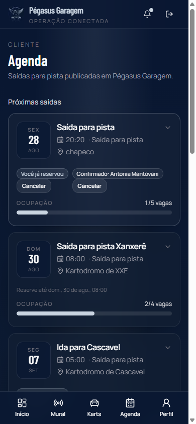 Agenda do cliente: saídas, esgotada e já reservou
