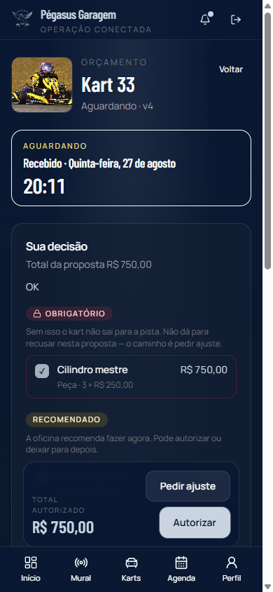 Orçamento aguardando: dia, hora e botões para autorizar ou pedir ajuste