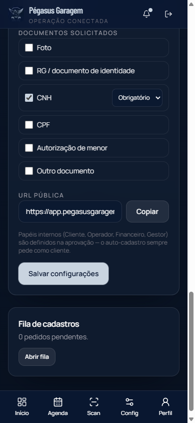 Config: documentos, URL pública, Copiar e fila de cadastros