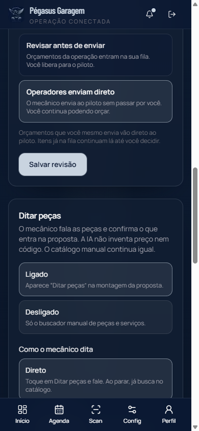 Configurações da garagem