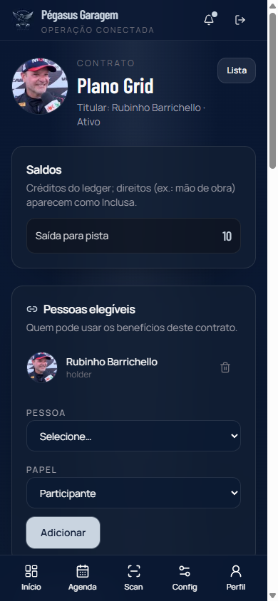 Detalhe do contrato: pausar e lançar saídas do mês