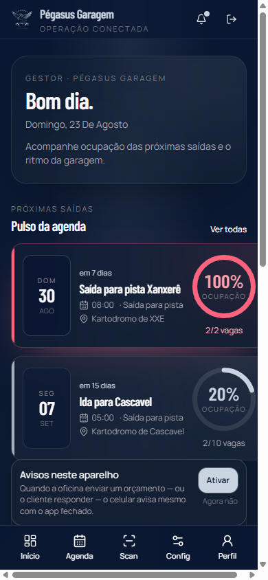 Início do gestor: próximas saídas e atalhos